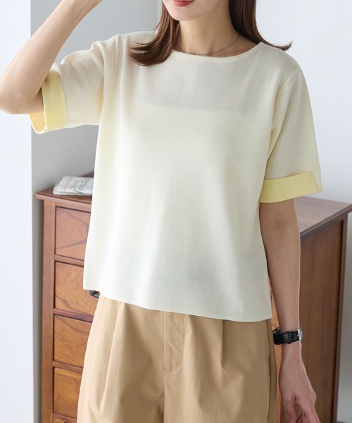 BONLECILL(ボンルシール)の「【マシンウォッシャブル/接触冷感】袖配色ニットT(Tシャツ/カットソー・レディース・アイボリー/ネイビー/ピンク/ブルー・FREE)」の8枚目の写真