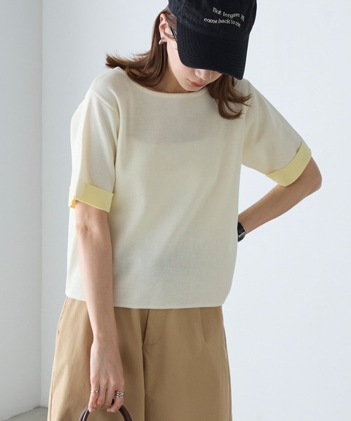 BONLECILL(ボンルシール)の「【マシンウォッシャブル/接触冷感】袖配色ニットT(Tシャツ/カットソー・レディース・アイボリー/ネイビー/ピンク/ブルー・FREE)」の9枚目の写真
