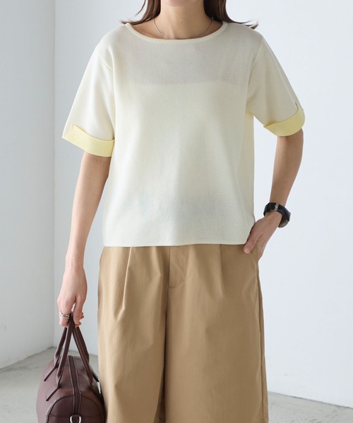 BONLECILL(ボンルシール)の「【マシンウォッシャブル/接触冷感】袖配色ニットT(Tシャツ/カットソー・レディース・アイボリー/ネイビー/ピンク/ブルー・FREE)」の10枚目の写真