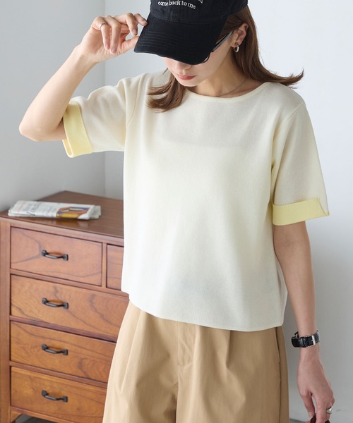 BONLECILL(ボンルシール)の「【マシンウォッシャブル/接触冷感】袖配色ニットT(Tシャツ/カットソー・レディース・アイボリー/ネイビー/ピンク/ブルー・FREE)」の13枚目の写真