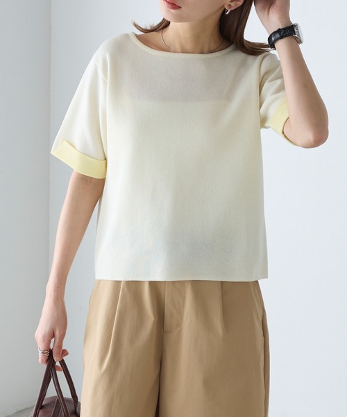 BONLECILL(ボンルシール)の「【マシンウォッシャブル/接触冷感】袖配色ニットT(Tシャツ/カットソー・レディース・アイボリー/ネイビー/ピンク/ブルー・FREE)」の14枚目の写真