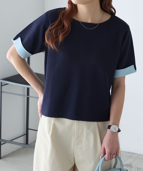 BONLECILL(ボンルシール)の「【マシンウォッシャブル/接触冷感】袖配色ニットT(Tシャツ/カットソー・レディース・アイボリー/ネイビー/ピンク/ブルー・FREE)」の20枚目の写真