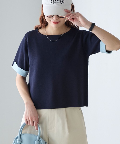 BONLECILL(ボンルシール)の「【マシンウォッシャブル/接触冷感】袖配色ニットT(Tシャツ/カットソー・レディース・アイボリー/ネイビー/ピンク/ブルー・FREE)」の21枚目の写真