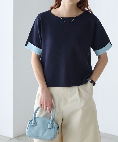 BONLECILL(ボンルシール)の「【マシンウォッシャブル/接触冷感】袖配色ニットT(Tシャツ/カットソー・レディース・アイボリー/ネイビー/ピンク/ブルー・FREE)」の22枚目の写真