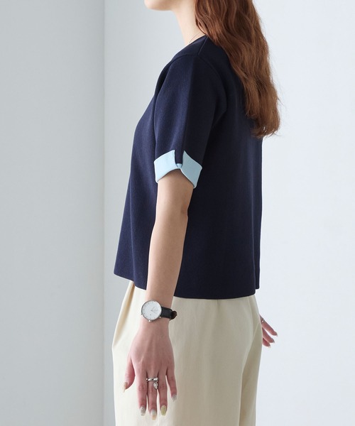 BONLECILL(ボンルシール)の「【マシンウォッシャブル/接触冷感】袖配色ニットT(Tシャツ/カットソー・レディース・アイボリー/ネイビー/ピンク/ブルー・FREE)」の6枚目の写真