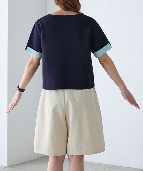 BONLECILL(ボンルシール)の「【マシンウォッシャブル/接触冷感】袖配色ニットT(Tシャツ/カットソー・レディース・アイボリー/ネイビー/ピンク/ブルー・FREE)」の7枚目の写真