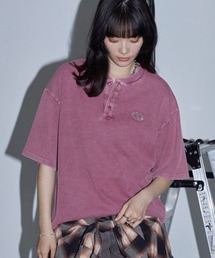 ヴィンテージ加工 ラインストーン へンリーネック ワッフル半袖Tシャツ
