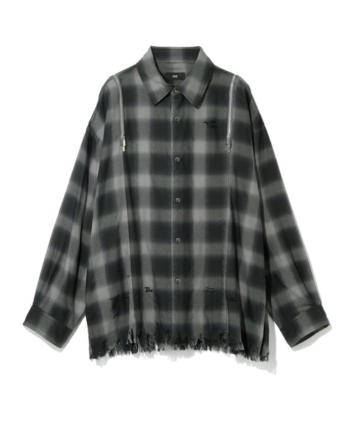 HARE（ハレ）の「ダメージチェックZIPシャツ(HARE)（シャツ/ブラウス・メンズ・グリーン/ホワイト/ブラック・FREE）」の2枚目の写真