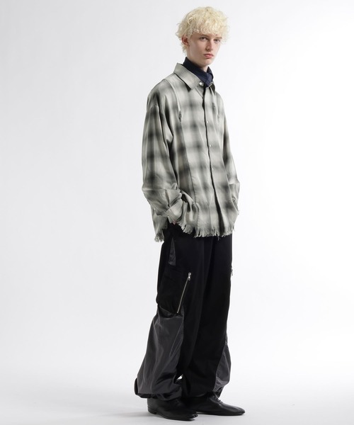 HARE（ハレ）の「ダメージチェックZIPシャツ(HARE)（シャツ/ブラウス・メンズ・グリーン/ホワイト/ブラック・FREE）」の9枚目の写真