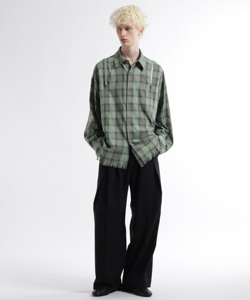 HARE（ハレ）の「ダメージチェックZIPシャツ(HARE)（シャツ/ブラウス・メンズ・グリーン/ホワイト/ブラック・FREE）」の14枚目の写真