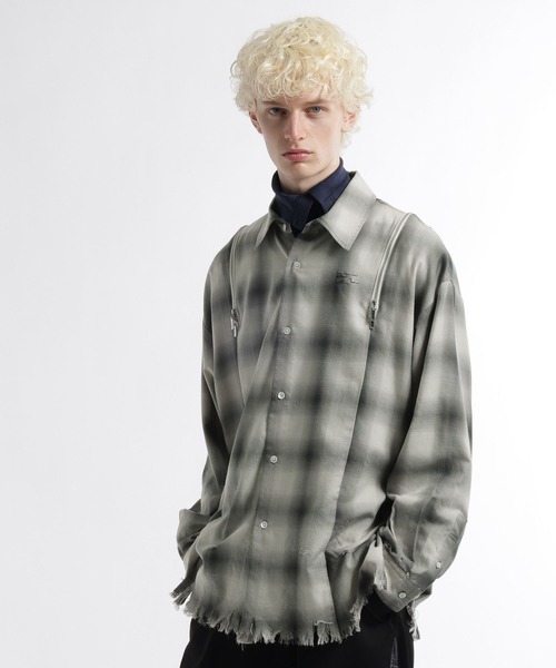 HARE（ハレ）の「ダメージチェックZIPシャツ(HARE)（シャツ/ブラウス・メンズ・グリーン/ホワイト/ブラック・FREE）」の15枚目の写真