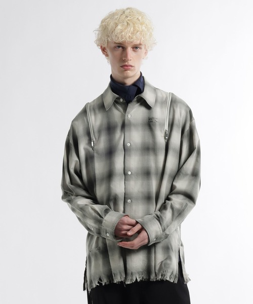 HARE（ハレ）の「ダメージチェックZIPシャツ(HARE)（シャツ/ブラウス・メンズ・グリーン/ホワイト/ブラック・FREE）」の16枚目の写真