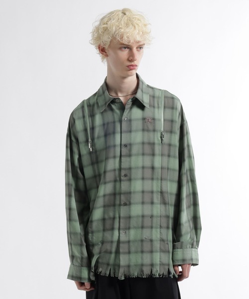 HARE（ハレ）の「ダメージチェックZIPシャツ(HARE)（シャツ/ブラウス・メンズ・グリーン/ホワイト/ブラック・FREE）」の17枚目の写真