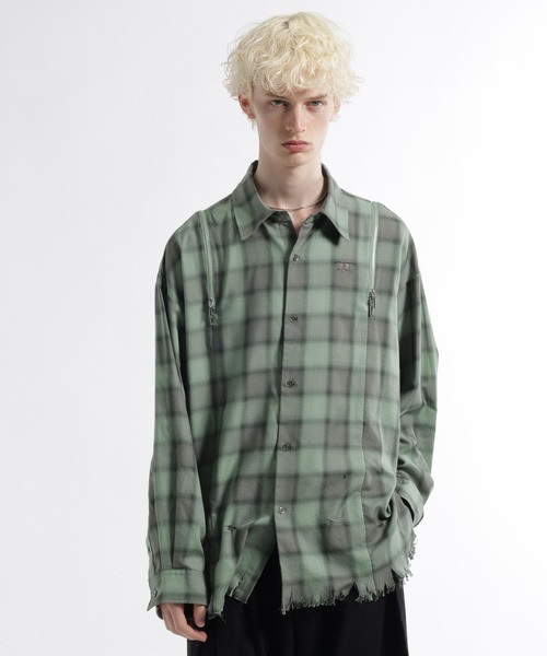 HARE（ハレ）の「ダメージチェックZIPシャツ(HARE)（シャツ/ブラウス・メンズ・グリーン/ホワイト/ブラック・FREE）」の18枚目の写真