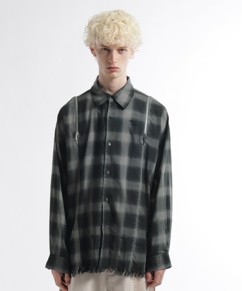 HARE（ハレ）の「ダメージチェックZIPシャツ(HARE)（シャツ/ブラウス・メンズ・グリーン/ホワイト/ブラック・FREE）」の21枚目の写真