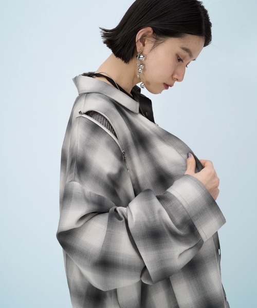 HARE（ハレ）の「ダメージチェックZIPシャツ(HARE)（シャツ/ブラウス・メンズ・グリーン/ホワイト/ブラック・FREE）」の19枚目の写真
