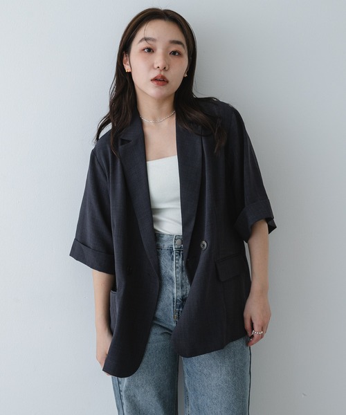 SENSE OF PLACE by URBAN RESEARCH（センスオブプレイスバイアーバンリサーチ）の「UR TECH リネンライクジャケット（テーラードジャケット・レディース・ベージュ/ライトベージュ/チャコールグレー・ONE）」の4枚目の写真