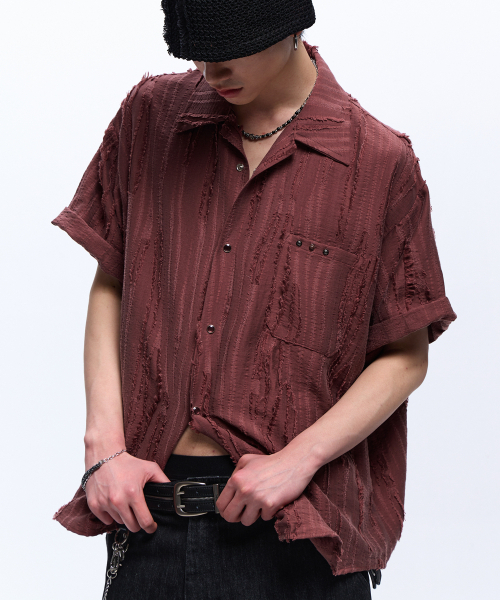 RSSC(アールエスエスシー)の「RIPPED JACQUARD HALF SHIRT - WINE(シャツ/ブラウス・レディース・その他・1/2)」の1枚目の写真