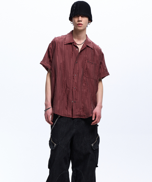 RSSC(アールエスエスシー)の「RIPPED JACQUARD HALF SHIRT - WINE(シャツ/ブラウス・レディース・その他・1/2)」の2枚目の写真