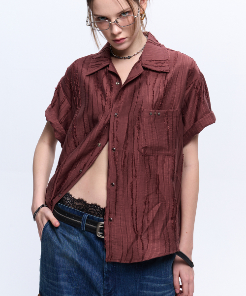 RSSC(アールエスエスシー)の「RIPPED JACQUARD HALF SHIRT - WINE(シャツ/ブラウス・レディース・その他・1/2)」の4枚目の写真