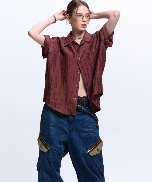 RSSC(アールエスエスシー)の「RIPPED JACQUARD HALF SHIRT - WINE(シャツ/ブラウス・レディース・その他・1/2)」の5枚目の写真