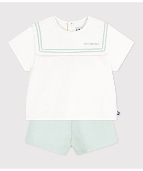 PETIT BATEAU(プチバトー)の「セーラーカラー ベビー2点セット(シャツ/ブラウス・キッズ・ホワイト×グリーン・36MONTH/12MONTH/18MONTH/24MONTH)」の2枚目の写真