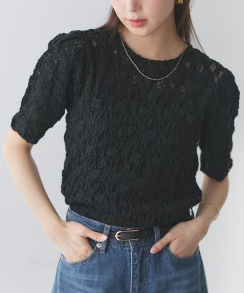 Pierrot（ピエロ）の「パフスリーブカットレースカットソー（Tシャツ/カットソー・レディース・ブラック/オフホワイト・M/L）」の2枚目の写真