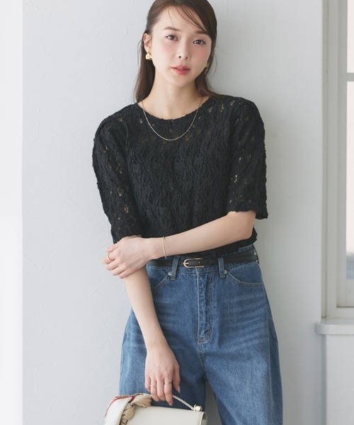 Pierrot（ピエロ）の「パフスリーブカットレースカットソー（Tシャツ/カットソー・レディース・ブラック/オフホワイト・M/L）」の12枚目の写真