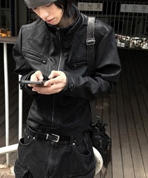 COSYHARU（コシハル）の「56cmクロップハイネックレザージャケット（ライダースジャケット）」