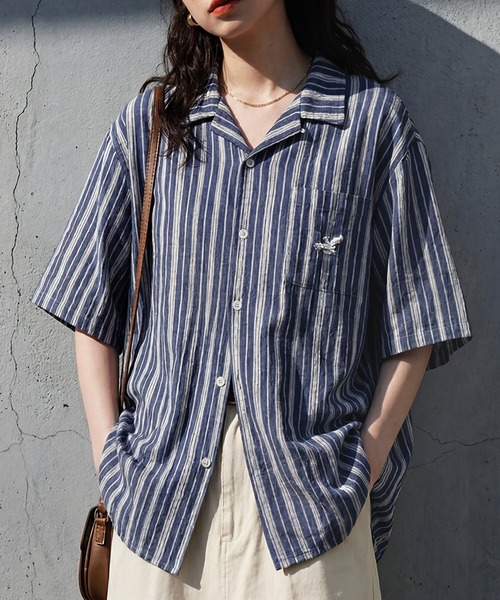 antiqua(アンティカ)の「オープンカラー 縞柄 シャツ(シャツ/ブラウス・レディース・その他/その他1・R)」の1枚目の写真