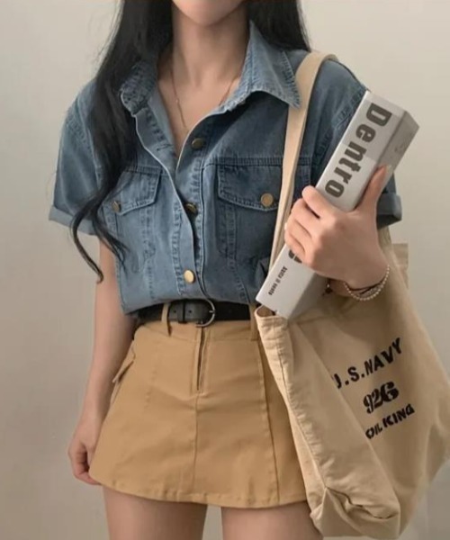 semplice（センプリチェ）の「シャツ【韓国ファッション】（シャツ/ブラウス・レディース・ダークブルー/ライトブルー・F）」の8枚目の写真