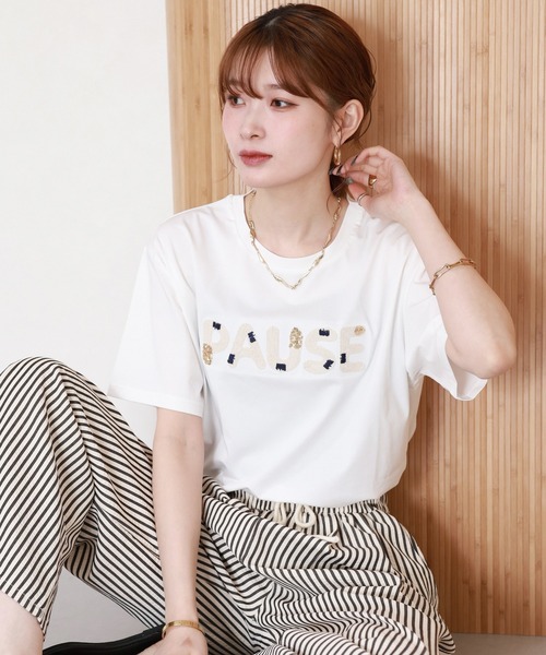 FUNALIVE（ファンアライブ）の「クールタッチコード刺繍スパンコールT 半袖（Tシャツ/カットソー・レディース・オフホワイト/ブラック・FREE）」の14枚目の写真