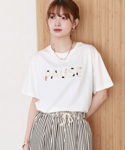 FUNALIVE（ファンアライブ）の「クールタッチコード刺繍スパンコールT 半袖（Tシャツ/カットソー・レディース・オフホワイト/ブラック・FREE）」の15枚目の写真