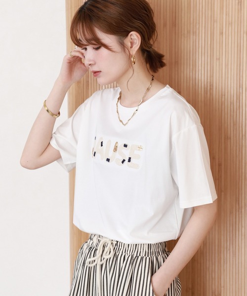 FUNALIVE（ファンアライブ）の「クールタッチコード刺繍スパンコールT 半袖（Tシャツ/カットソー・レディース・オフホワイト/ブラック・FREE）」の16枚目の写真