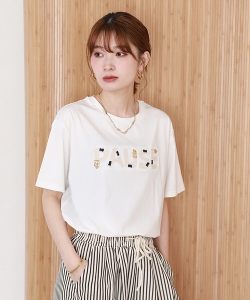 FUNALIVE（ファンアライブ）の「クールタッチコード刺繍スパンコールT 半袖（Tシャツ/カットソー・レディース・オフホワイト/ブラック・FREE）」の18枚目の写真