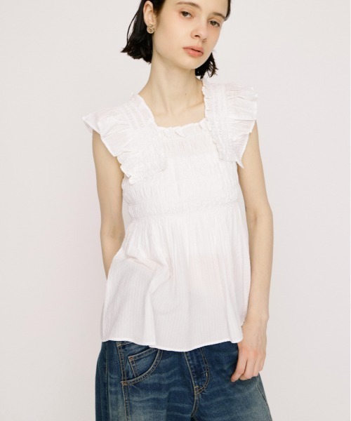 SEERSUCKER ARM FRILL TOPS シアーサッカーアームフリルトップス 春服