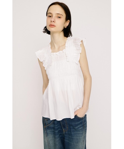 SLY(スライ)の「SEERSUCKER ARM FRILL TOPS シアーサッカーアームフリルトップス 春服 夏服(シャツ/ブラウス・レディース・ホワイト/ブラック・FREE)」の6枚目の写真