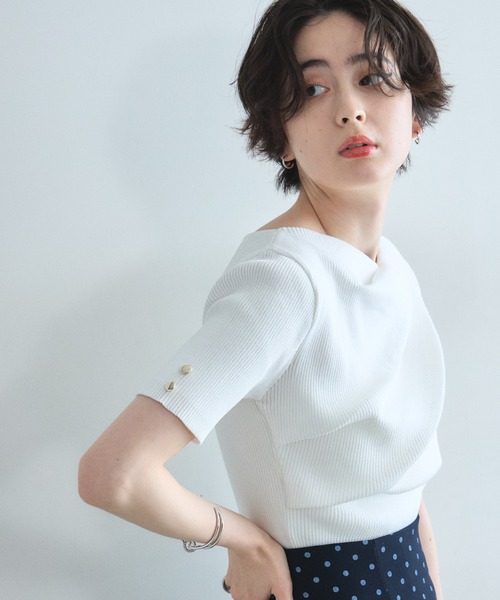 &. NOSTALGIA(アンドドットノスタルジア)の「ドレープリブトップス(Tシャツ/カットソー・レディース・オフホワイト/ネイビー/ブラウン・M)」の7枚目の写真