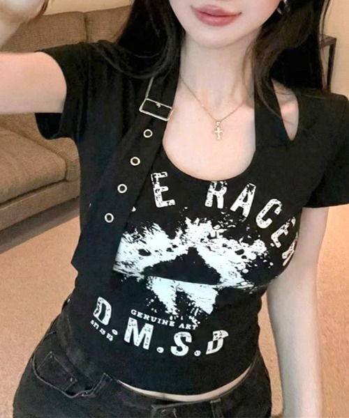 Riff（リフ）の「ベルトデザインプリントTシャツ（Tシャツ/カットソー・レディース・ホワイト/ブラック・FREE）」の2枚目の写真