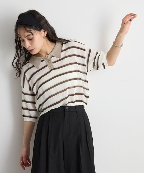 STELLA FISH(ステラフィッシュ)の「レトロに着映える。配色ボーダー半袖ポロニット / シアートップス(Tシャツ/カットソー・レディース・アイボリー/ネイビー/ブルー・FREE)」の2枚目の写真