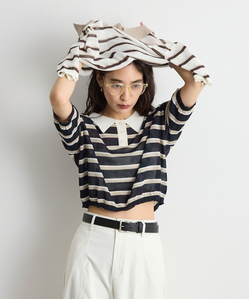 STELLA FISH(ステラフィッシュ)の「レトロに着映える。配色ボーダー半袖ポロニット / シアートップス(Tシャツ/カットソー・レディース・アイボリー/ネイビー/ブルー・FREE)」の3枚目の写真