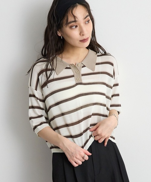 STELLA FISH(ステラフィッシュ)の「レトロに着映える。配色ボーダー半袖ポロニット / シアートップス(Tシャツ/カットソー・レディース・アイボリー/ネイビー/ブルー・FREE)」の4枚目の写真