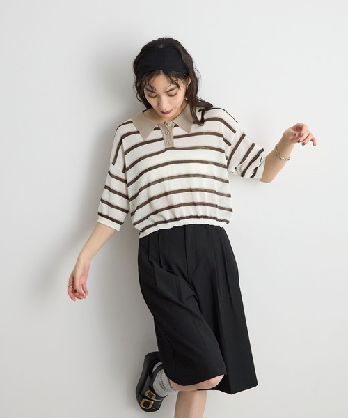 STELLA FISH(ステラフィッシュ)の「レトロに着映える。配色ボーダー半袖ポロニット / シアートップス(Tシャツ/カットソー・レディース・アイボリー/ネイビー/ブルー・FREE)」の5枚目の写真
