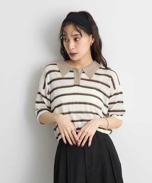 STELLA FISH(ステラフィッシュ)の「レトロに着映える。配色ボーダー半袖ポロニット / シアートップス(Tシャツ/カットソー・レディース・アイボリー/ネイビー/ブルー・FREE)」の6枚目の写真