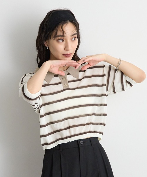 STELLA FISH(ステラフィッシュ)の「レトロに着映える。配色ボーダー半袖ポロニット / シアートップス(Tシャツ/カットソー・レディース・アイボリー/ネイビー/ブルー・FREE)」の7枚目の写真