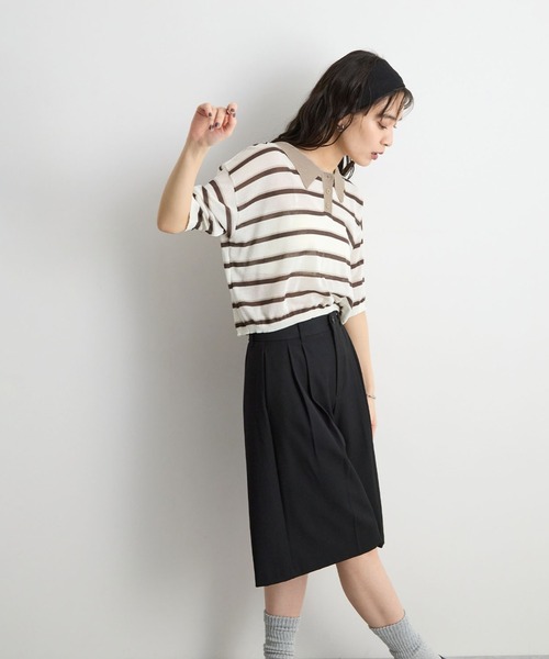 STELLA FISH(ステラフィッシュ)の「レトロに着映える。配色ボーダー半袖ポロニット / シアートップス(Tシャツ/カットソー・レディース・アイボリー/ネイビー/ブルー・FREE)」の8枚目の写真