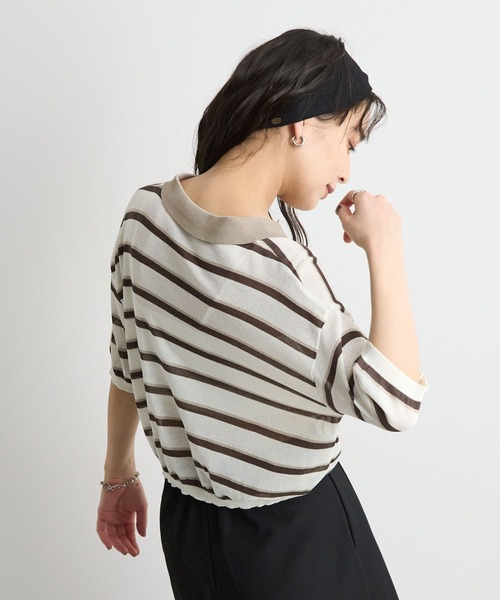 STELLA FISH(ステラフィッシュ)の「レトロに着映える。配色ボーダー半袖ポロニット / シアートップス(Tシャツ/カットソー・レディース・アイボリー/ネイビー/ブルー・FREE)」の9枚目の写真
