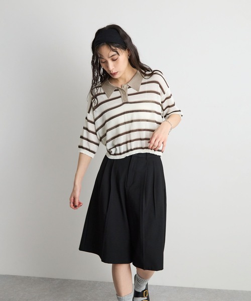 STELLA FISH(ステラフィッシュ)の「レトロに着映える。配色ボーダー半袖ポロニット / シアートップス(Tシャツ/カットソー・レディース・アイボリー/ネイビー/ブルー・FREE)」の10枚目の写真