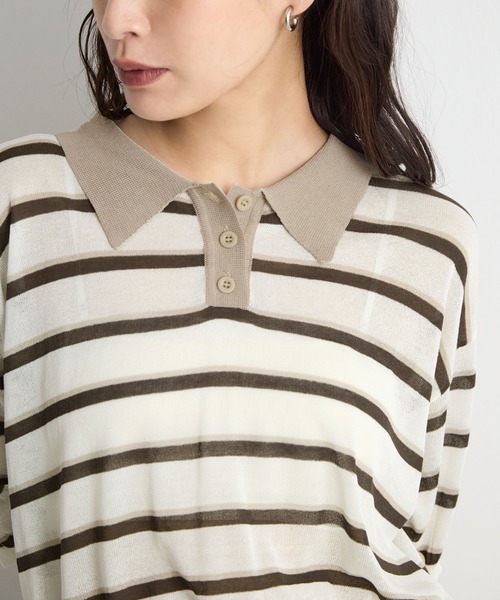 STELLA FISH(ステラフィッシュ)の「レトロに着映える。配色ボーダー半袖ポロニット / シアートップス(Tシャツ/カットソー・レディース・アイボリー/ネイビー/ブルー・FREE)」の14枚目の写真