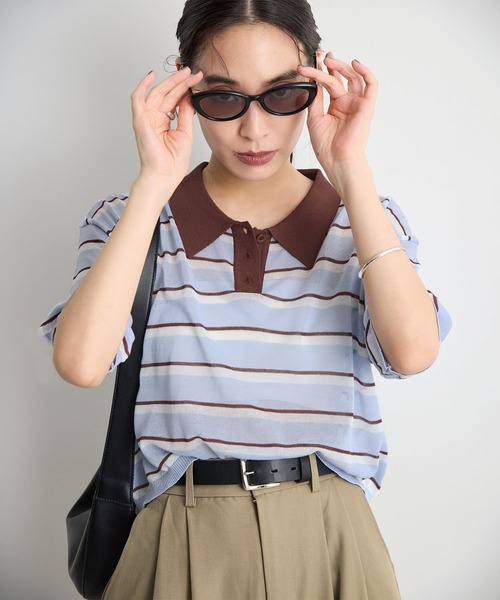 STELLA FISH(ステラフィッシュ)の「レトロに着映える。配色ボーダー半袖ポロニット / シアートップス(Tシャツ/カットソー・レディース・アイボリー/ネイビー/ブルー・FREE)」の20枚目の写真